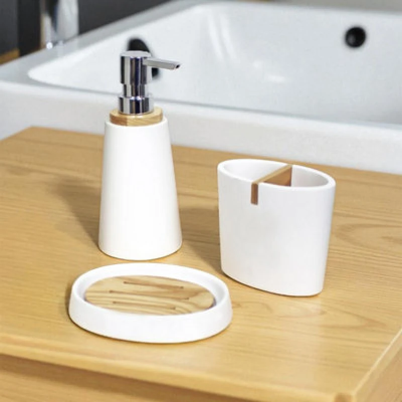 Image of Showerdrape Sonata White & Bamboo 3 Piece Bathroom Accessory Set