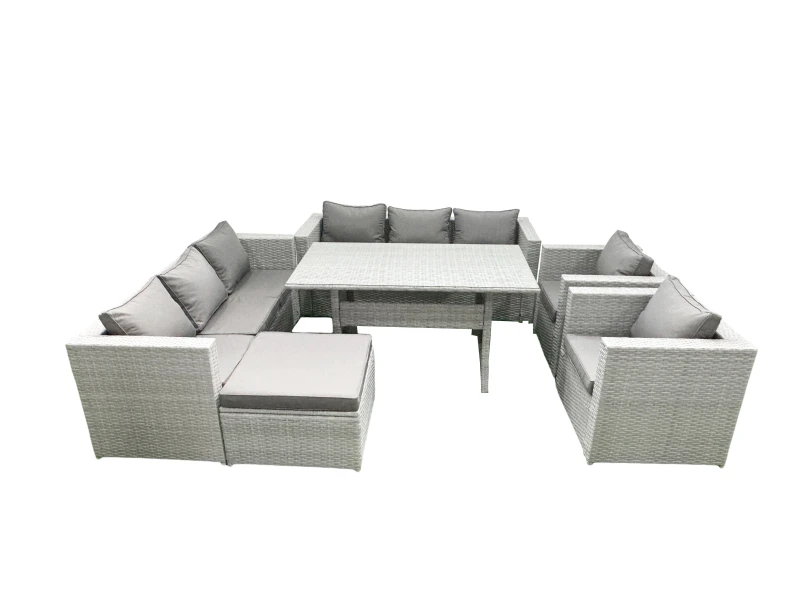 Image of Fimous Rattan Garden Furniture Set Outdoor 8 Seater Patio Dinin g Sofa Sets with Dining Table 2 Chairs Big Footstool Light Grey Mixed Light Grey