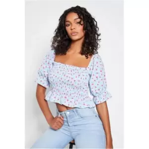 Image of I Saw It First Multi Cotton Poplin Shirred Puff Sleeve Frill Hem Crop Top - Multi
