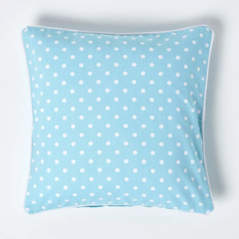 Image of Homescapes Cotton Blue Polka Dots Cushion Cover, 45 X 45 Cm