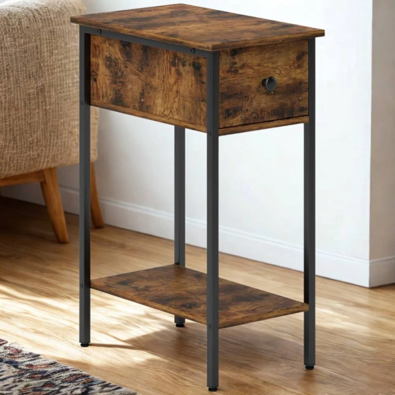Image of FURNOS 2 Tier Narrow Side End Table With Drawer Rustic in Brown Brown Unisex