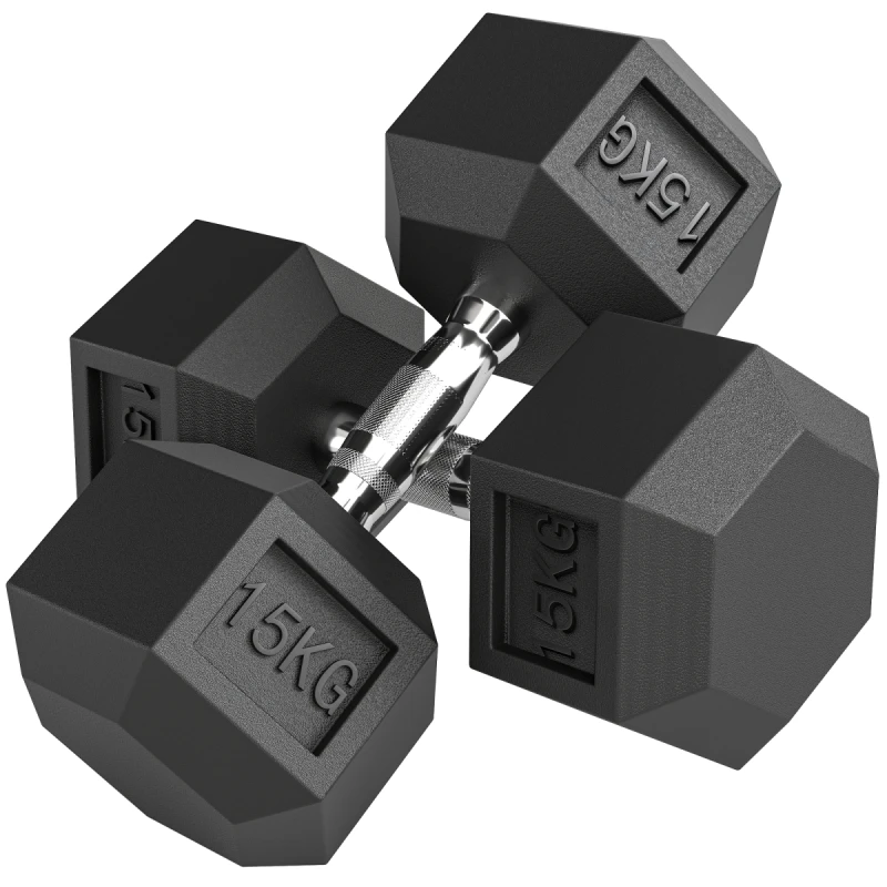 Image of HOMCOM HOMCOM 2x15KG Rubber Hex Dumbbell Portable Hand Weights for Home Gym in Black One Size Unisex 5063603053724
