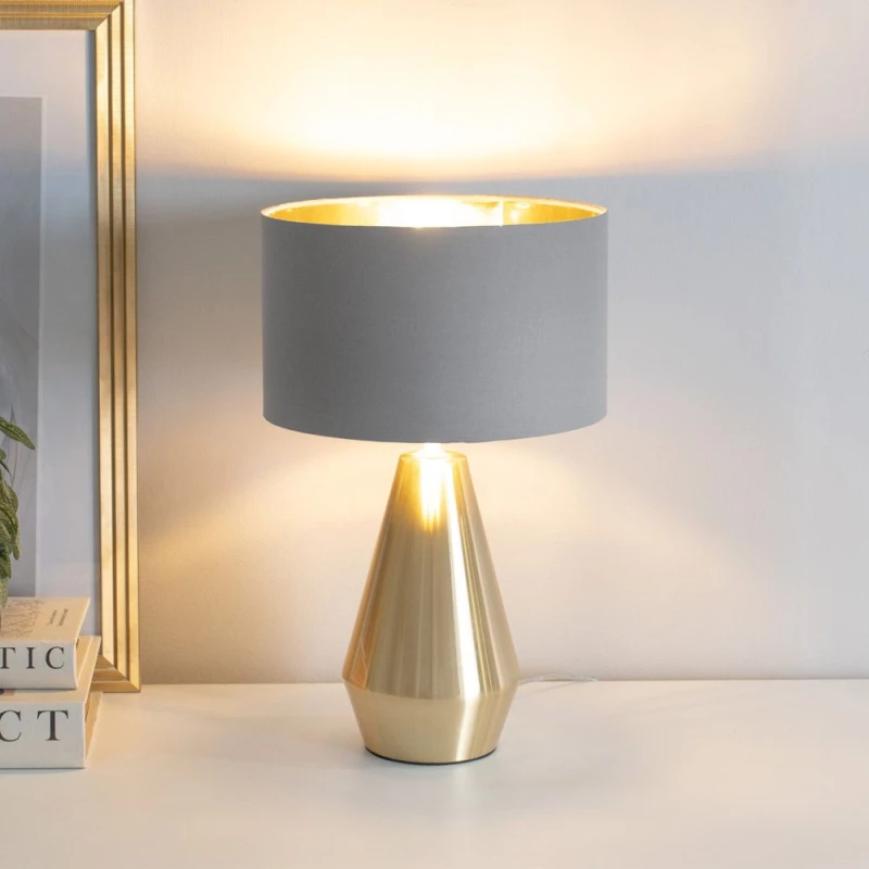 Image of ValueLights ValueLights Jax Gold Dimmable Touch Table Lamp with Fabric Drum & Gold Inner Shade & Bulb in Grey Grey One Size Unisex 5059406060366
