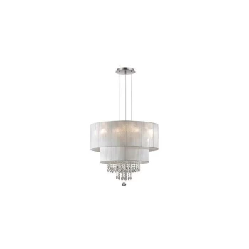 Image of Ideal Lux Opera - 6 Light Ceiling Pendant Chrome, Crystals with And White Shade, E27