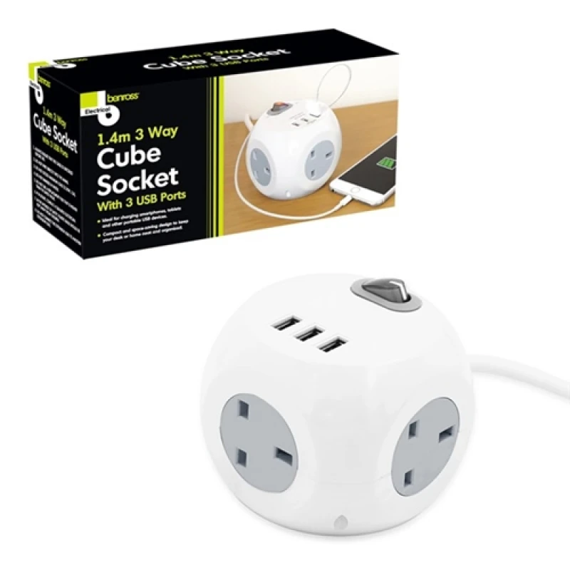 Image of Benross 3 Way 1.4m Cube Socket With 3 USB Ports