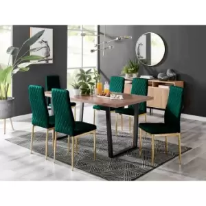 Image of Furniture Box Kylo Brown Wood Effect Dining Table and 6 Green Velvet Milan Gold Leg Chairs