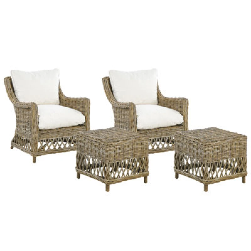 Image of Beliani Set Of 2 Garden Armchairs With Cushions Ribolla With Footstool Rattan Natural