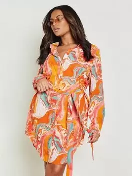 Image of Boohoo Curve Marble Effect Shirt Dress - Orange, Size 22, Women