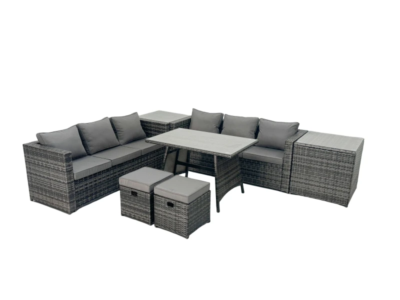 Image of Fimous Rattan Dining Table Sofa Set with 2 Side Table Small Footstool Outdoor in Dark Grey Dark Grey Unisex