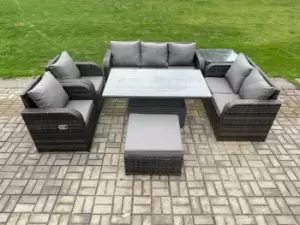 Image of Fimous 7 Seater Outdoor Dark Grey Rattan Lounge Complete Sofa Set with Adjustable Dining Table, Side Table and Big Footstool