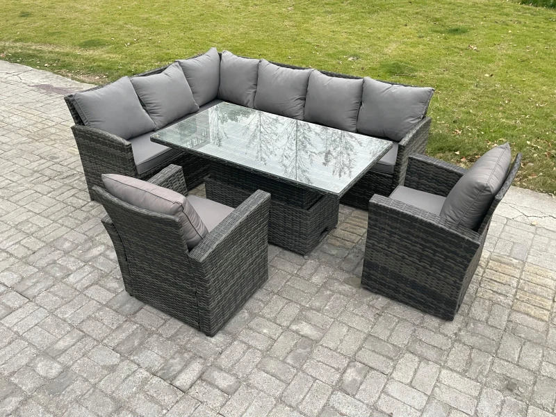 Image of Fimous Wicker PE Outdoor Rattan Garden Furniture Set Height Adjustable Rising Lifting Table Sofa Dining Set with 2 Armchairs Dark Grey Mixed Dark Grey