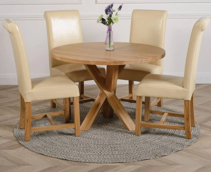 Image of Thats Furniture Oregon Round Oak Dining Table & 4 Washington Leather Chairs in Cream Cream Unisex