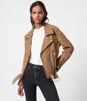 Image of AllSaints Womens Luna Suede Biker Jacket, Tan Brown, Size: S