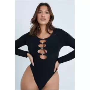 Image of I Saw It First Black Diamante Cut Out Double Layer Long Sleeve Bodysuit - Black