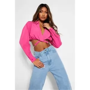 Image of I Saw It First Hot Pink Wrap Around Hardware Detail Cropped Shirt - Pink