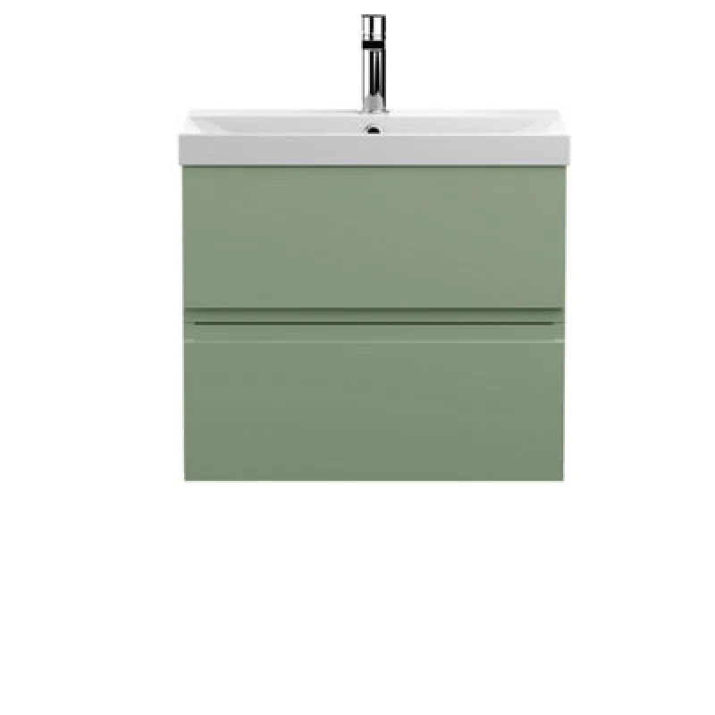 Image of Hudson Reed Urban Wall Hung 2 Drawer Vanity Unit With Thin-Edge Ceramic Basin, Modern Bathroom Furniture In Satin Green, 600mm