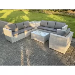 Image of Fimous 7 Seater Outdoor Light Grey Rattan Corner Complete Sofa Set with Oblong Square Coffee Table