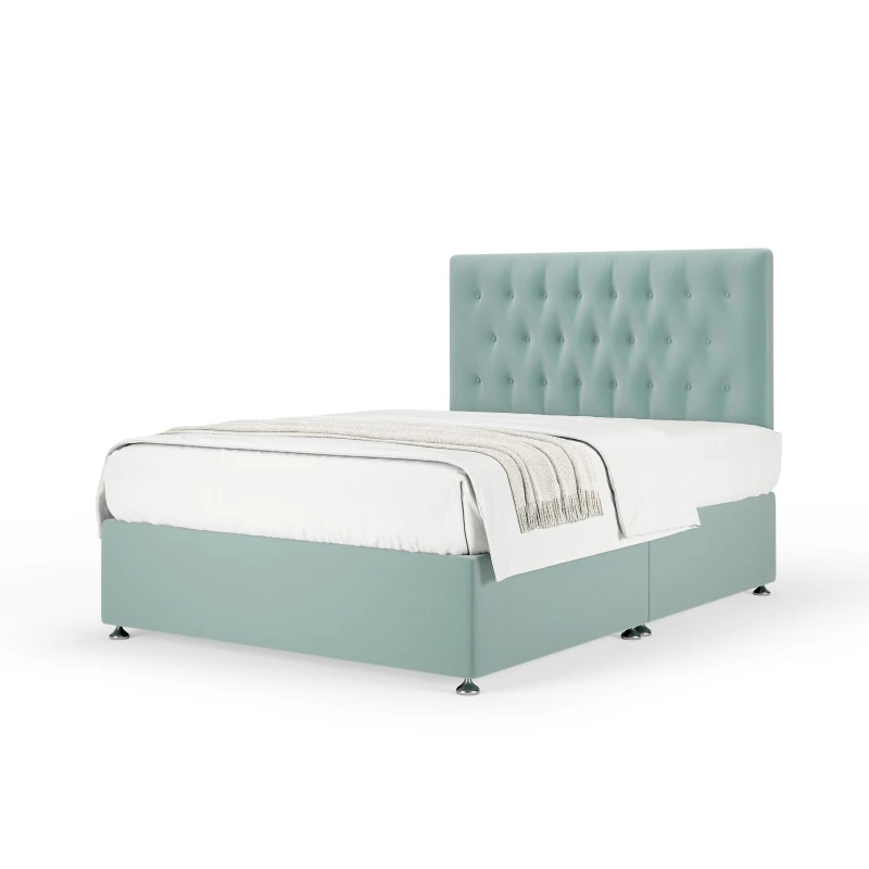 Image of Bedmaster Bedmaster Plush Velvet Divan Base And Button Headboard in Duck Egg Blue Size: Small Double Duck Egg Blue Small Double Unisex 7867871207579