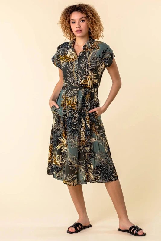 Image of Roman Tropical Leaf Print Shirt Dress Green