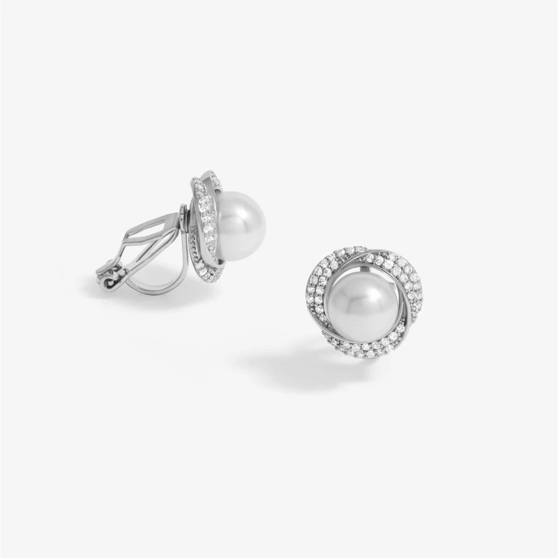 Image of Jon Richard Rhodium Plated Cubic Zirconia And Pearl Clip Earrings Silver