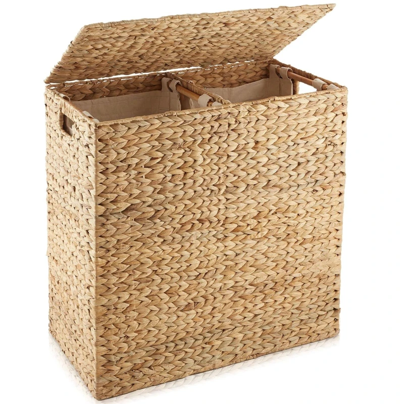 Image of Gr8 Home X Large Water Hyacinth Double Laundry Hamper Bin Clothes Washing Basket With Lid in Natural Size: XL Natural Unisex XL