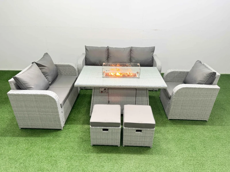 Image of Fimous Patio PE Wicker 8 Seater Outdoor Rattan Furniture Sofa Sets with Firepit Dining Table Reclining Chair Loveseat Sofa 3 Seater Sofa Stool Light G