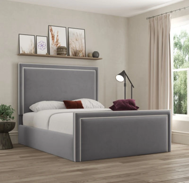 Image of Ds Living Verona Pipping Upholstered Plush Grey Bed