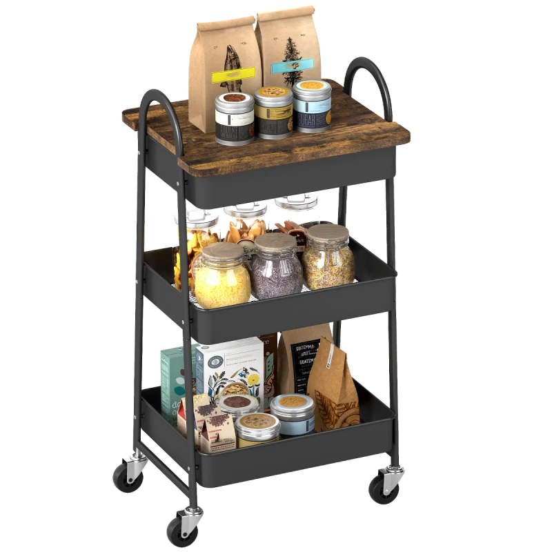 Image of HOMCOM HOMCOM 3-Tier Storage Trolley on Wheels with Cover Top Board Mesh Baskets in Brown Brown One Size Unisex 5063603134058