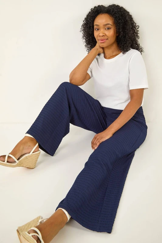 Image of Roman Womens Petite Textured Stretch Trouser in Navy Size: 14 Navy Female 14