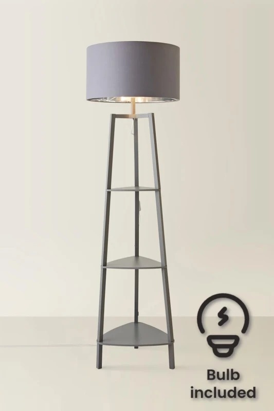 Image of ValueLights ValueLights Hiru Grey 3 Tier Shelf Floor Lamp with Grey and Chrome Shade and Bulb in Metallic Silver Metallic Silver One Size Unisex 50594