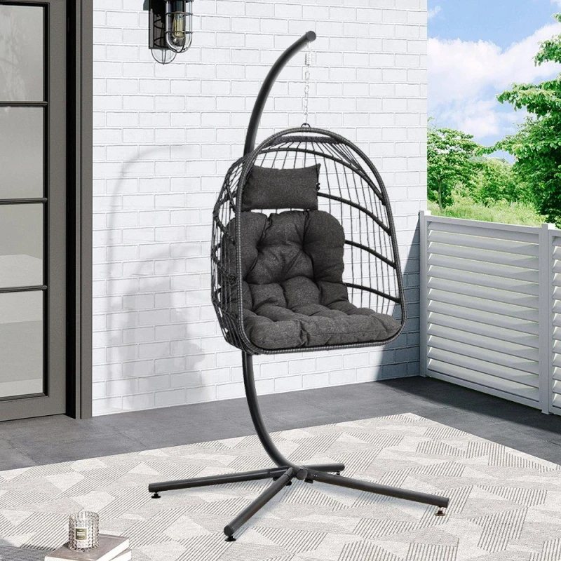 Image of Breeins Rattan Hanging Chair with Stand and Cushion Black L
