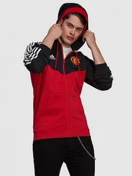 Image of adidas Manchester United 3 Stripe Hoodie - Red/Black, Red/Black, Size XL, Men