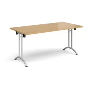 Image of Rectangular folding leg table with silver legs and curved foot rails 1600mm x 800mm - oak
