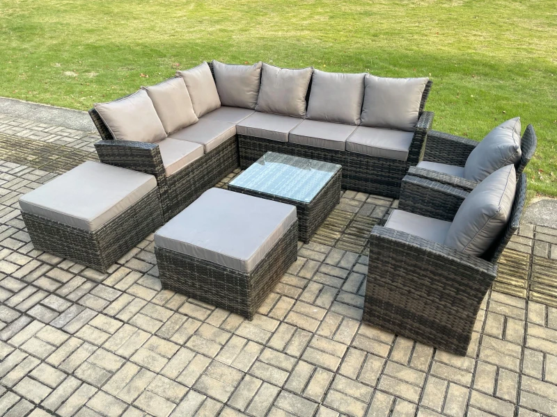 Image of Fimous 10 Seat Rattan Garden Furniture Corner Sofa Set Outdoor Patio Sofa Table Set with 2 Big Footstool Dark Grey Mixed Dark Grey Unisex