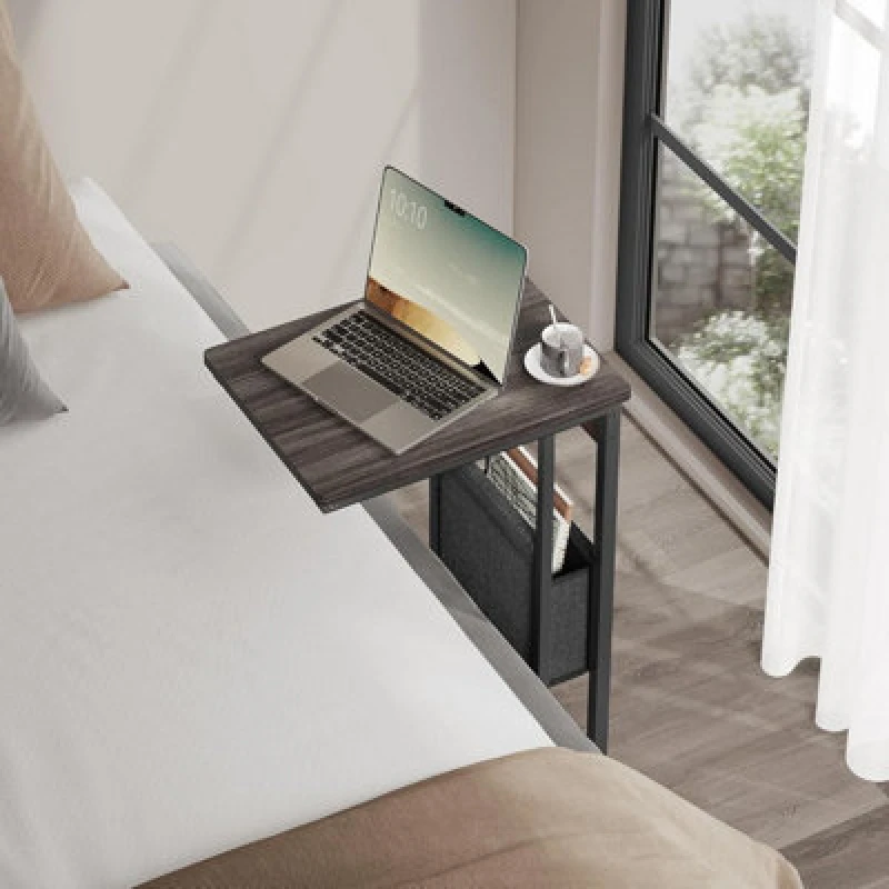 Image of Songmics C-Shaped Bedside Table With Fabric Storage Bag, End Table, Adjustable Feet And Swivel Castors, Living Room, Ash Brown