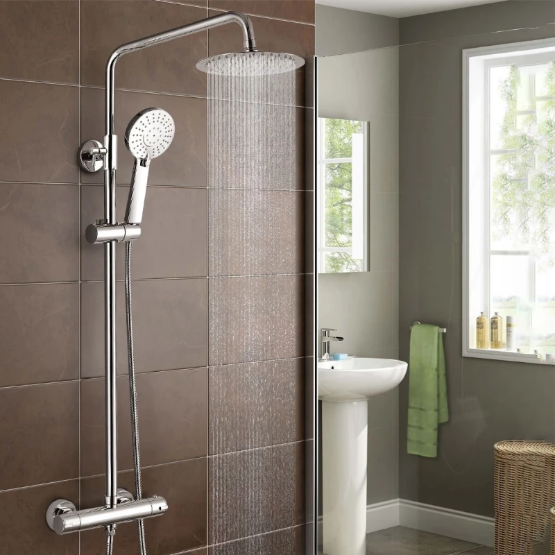 Image of Nes Home Round Thermostatic Exposed Twin Head Mixer Shower Set Metallic Silver