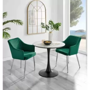 Image of Furniture Box Elina White Marble Effect Round Dining Table and 2 Green Calla Silver Leg Chairs