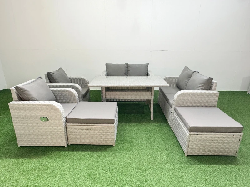 Image of Fimous 8 Seater Outdoor Reclining Chair Love Sofa Set Rattan Garden Furniture Set with Rectangular Dining Table 2 Big FootStools Light Grey Light Grey