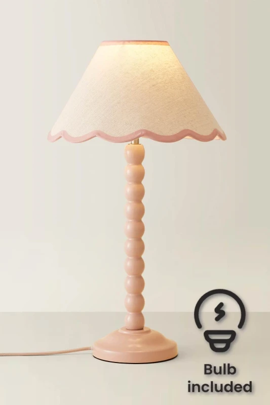 Image of ValueLights Bobbins Rose Pink Table Lamp with Tapered Natural Linen Scallop Shade with Bulb Pink