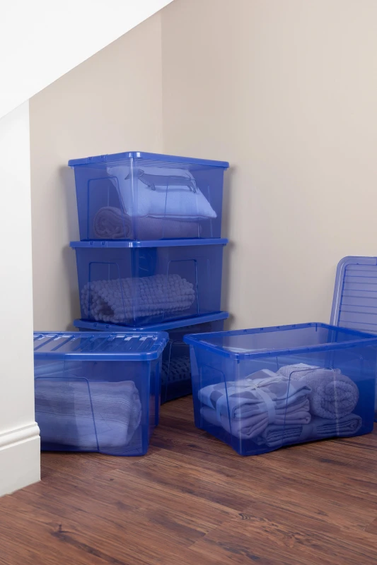 Image of Wham Crystal 5 x 60L Stackable Plastic Storage Boxes with Lids in Blue Blue Unisex