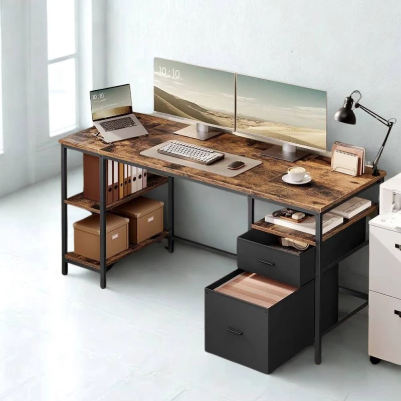 Image of Pirlo Plush Industrial 140CM Computer Desk With Storage Shelves in Brown Brown Unisex