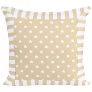 Image of HOMESCAPES Cotton Beige Stripe Border and Stars Cushion Cover, 60 x 60cm - Natural