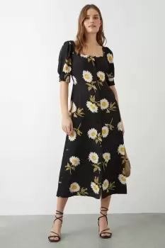 Image of Black Large Floral Button Through Midi Dress