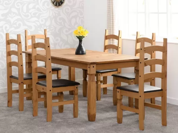Image of Seconique Corona Pine Dining Table and 6 Brown Faux Leather Chairs