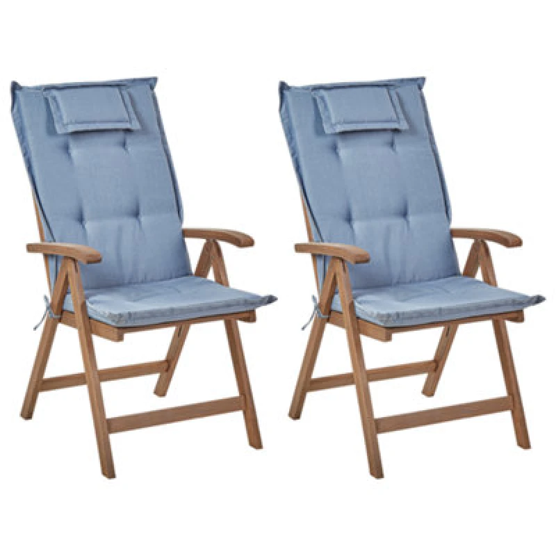 Image of Beliani Set Of 2 Garden Chairs With Cushions Amantea Acacia Wood Blue