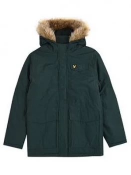 Image of Lyle & Scott Lyle & Scott Boys Fleece Lined Faux Fur Hood Parka, Green, Size Age: 12-13 Years