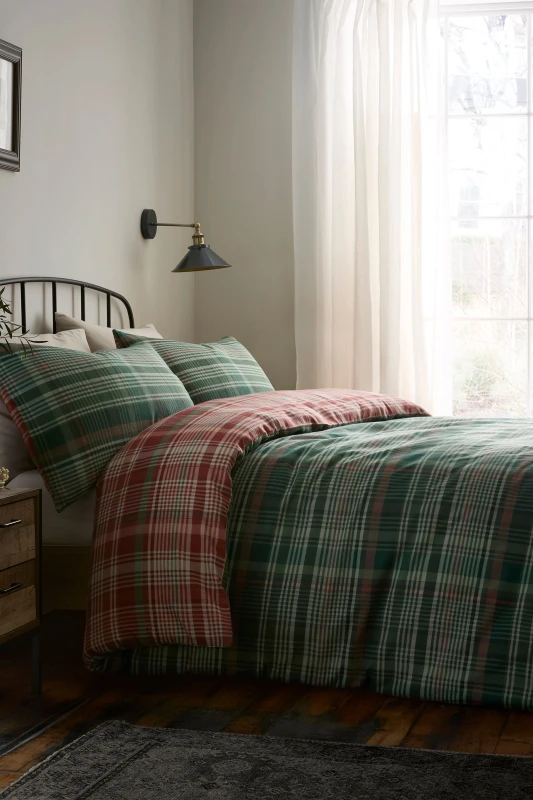 Image of Dreams and Drapes Bennet Check Brushed Cotton Duvet Cover Bedding Set Green