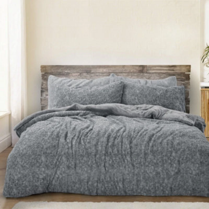 Image of Velosso Teddy Marl Warm & Cosy Duvet Cover & Pillowcase Set in Charcoal Size: Double Charcoal Unisex Double