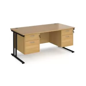 Image of Office Desk Rectangular Desk 1600mm With Double Pedestal Oak Top With Black Frame 800mm Depth Maestro 25 MC16P22KO