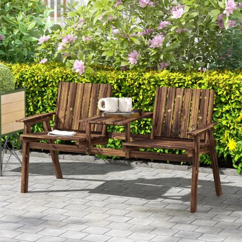 Image of Outsunny 2-Seater Wooden Garden Bench with Armrest - Carbonised Finish TJ Hughes 5063603014237